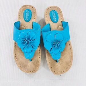 Clarks Artisan Blue  Floral Pattern Women’s Leather Strap Slide Sandals Size 9M